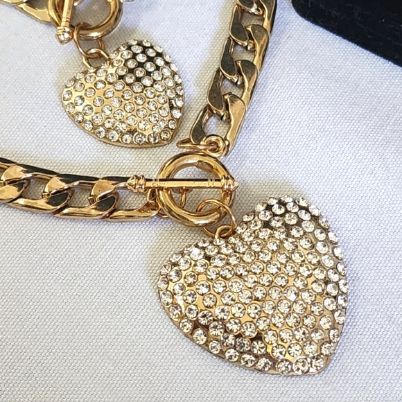 Gold Cuban Link Chain Neckace Bracelet Set with Toggle Clasp Heart Pendants Set - Picture 6 of 9